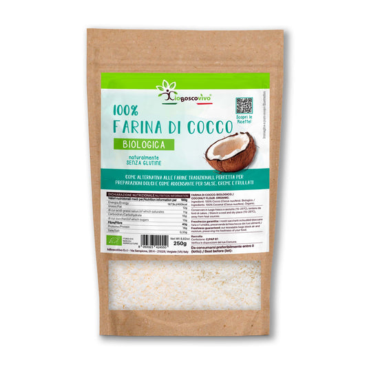 100% Farina di Cocco senza glutine BIO - 250g Ideale per Dieta Chetogenica